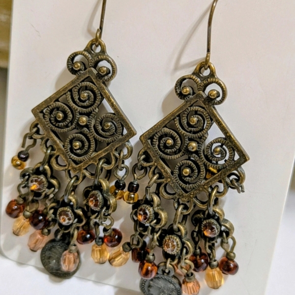 Vintage Bronze Court Style Chandelier Earrings with Beads - Picture 2 of 3
